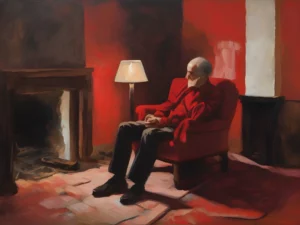 мужчина в кресле смотрит на пустой камин