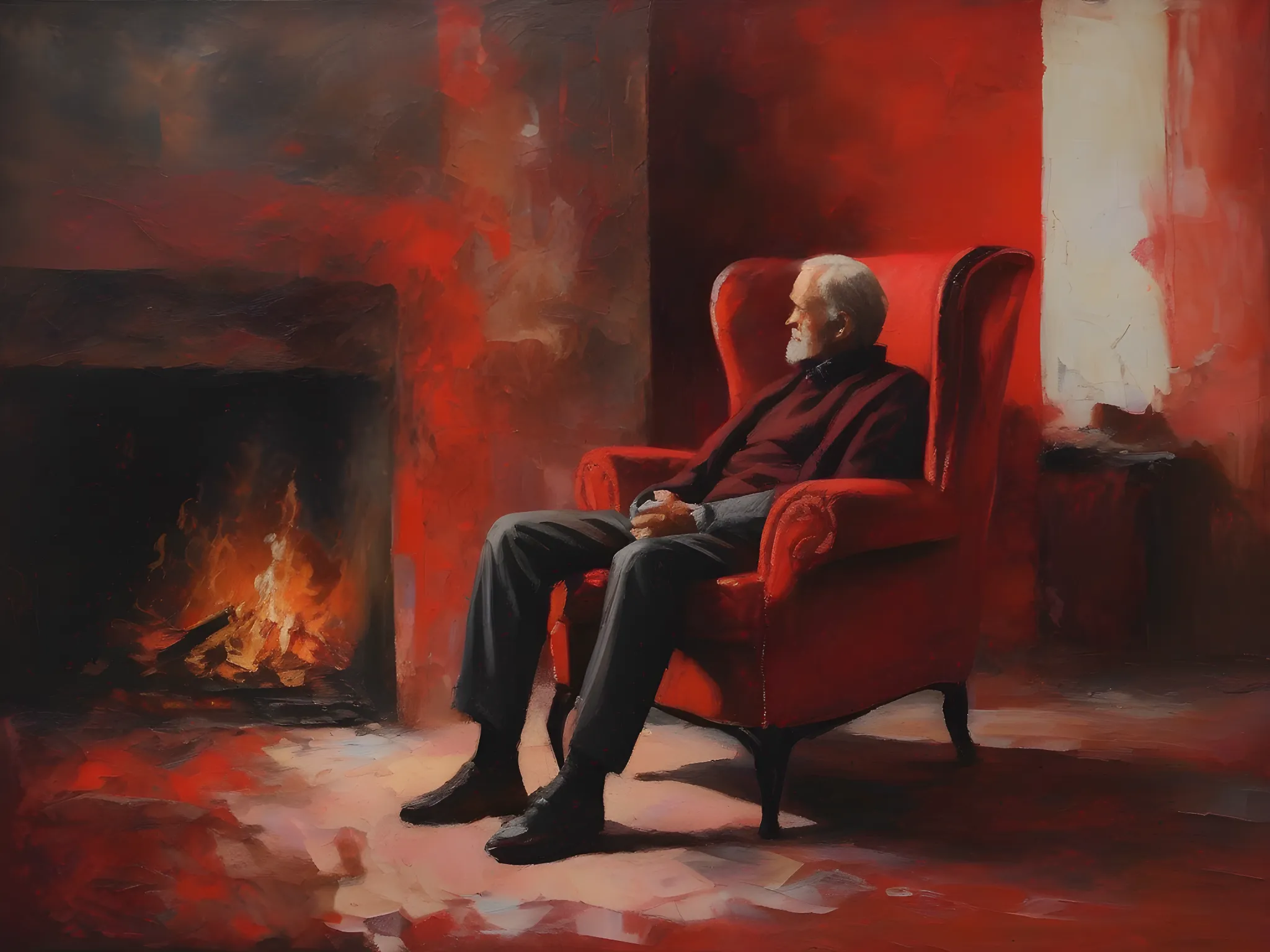 мужчина в кресле смотрит на горящий камин